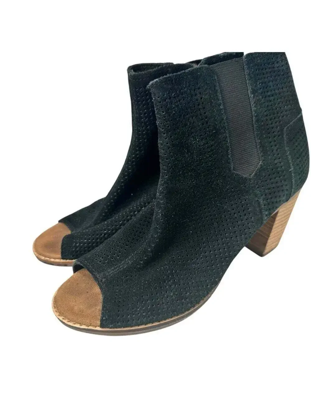 TOMS Majorca Black Suede Perforated Open Toe Booties Womens 7.5 Heels